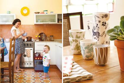 Jarra ($470), tazas de hojas ($120 c/u), servilletas ($120 c/u, todo de Crème Brûlée) y tacitas de gres ($180 c/u, de Caro Junio)