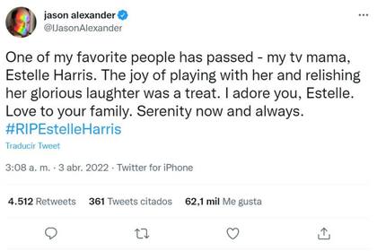 Jason Alexander, el hijo de Estelle Harris en Seinfeld, despidió a la actriz con un sentido mensaje de Twitter