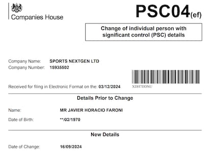 Javier Faroni aparece desde la creación de Sports Nextgen, con sede en Londres.