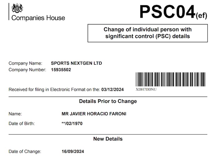 Javier Faroni aparece desde la creación de Sports Nextgen, con sede en Londres