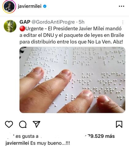 Javier Milei celebró la publicación de X con un comentario al compartirla en Instagram