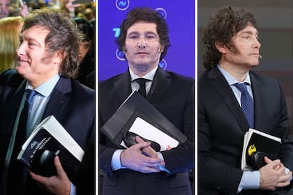 Javier Milei en sus tiempos de candidato: llevaba siempre sus lentes y sus papeles