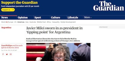"Javier Milei juró como presidente en un punto de inflexión para la Argentina", el título de The Guardian para la asunción primer mandatario