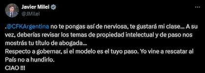 Javier Milei le respondió a Cristina Kirchner: "No te pongas así de nerviosa, te gustará mi clase..."