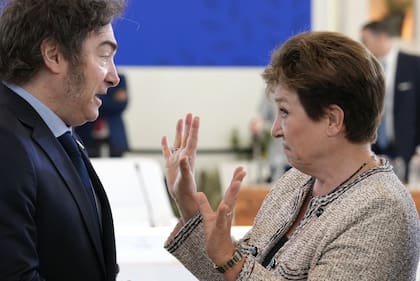 Argentina's President Javier Milei, left, talks to the Head of the International Monetary Fund, Kristalina Georgieva during a working session on AI, Energy, Africa and Mideast at the G7 summit, in Borgo Egnazia, near Bari in southern Italy, Friday, June 14, 2024. (AP Photo/Andrew Medichini)