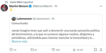Javier Milei reposteó el tuit en el que Martín Menem citó la publicación de Lule Menem