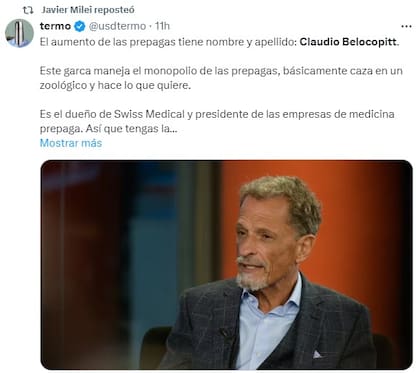 Javier Milei reposteó un mensaje en contra de Claudio Belocopitt por los aumentos de las prepagas