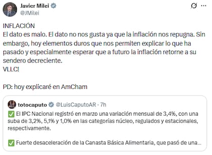 Javier Milei sostuvo que el dato de inflación de marzo "es malo"