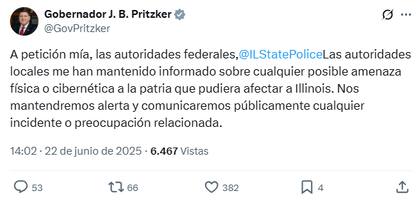 JB Pritzker sostuvo que no hay amenazas concretas pero que se mantendrán vigilantes ante cualquier alerta relacionada con el ataque