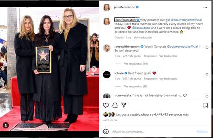 Jennifer Anniston felicitó a Courteney Cox en su cuenta de Instagram
