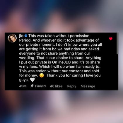 Jennifer López se pronunció ante la filtración de un video en su boda.