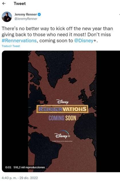 Jeremy Renner publicó su último posteo en Twitter e Instagram el pasado jueves 29 de diciembre