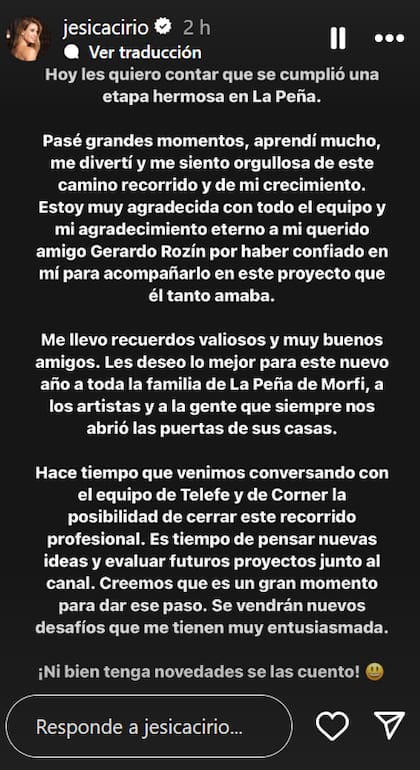 Jesica Cirio publicó un comunicado sobre su salida de Telefe (Foto: captura Instagram/@jesicacirio)