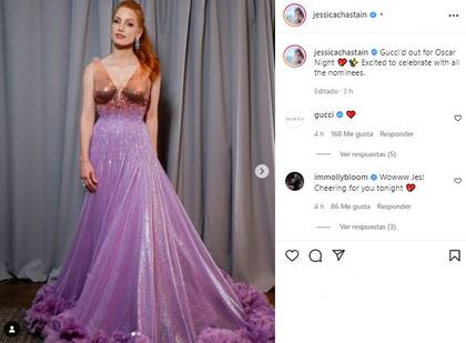 Jessica Chastain compartió en sus redes sociales que Gucci fue el elegido para vestirla para la noche de los premios Oscar (Crédito: Instagram/@jessicachastain)