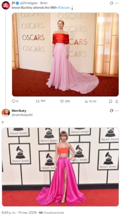 Jessie Buckley utilizó un llamativo vestido que muchos lo asociaron con un look utilizado en el pasado por Taylor Swift