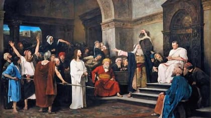 Jesús siendo juzgado por Pilato en una pintura de 1881 de Mihály Munkácsy