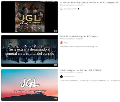 "JGL" cuenta con decenas de millones de reproducciones distribuidas en múltiples videos de YouTube (YouTube)