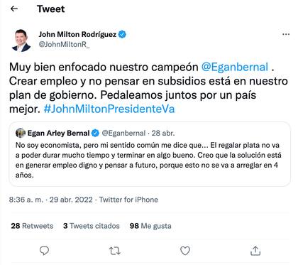 Jhon Milton Rodríguez usó el hashtag "JhonMiltonPresidenteva"