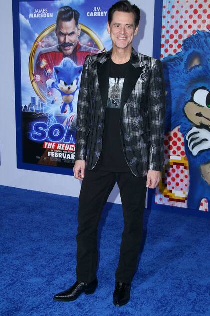 Jim Carrey, protagonista de Sonic, la película, sonriente en la avant premiere; el film se estrenó este jueves en la Argentina