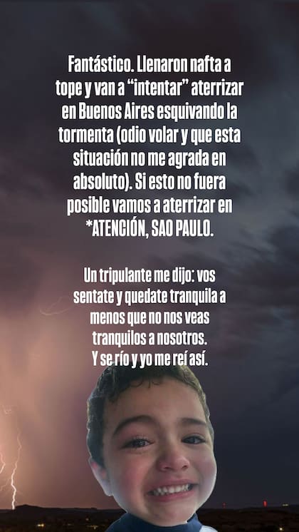 Jimena Barón contó en su Instagram que si el avión no puede aterrizar en Buenos Aires, lo hará en San Pablo