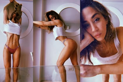 Jimena Barón posó en su casa con una musculosa blanca y ropa interior