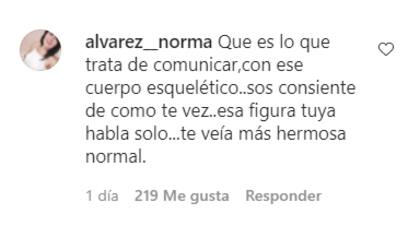 Jimena Barón publicó una serie de fotos y una seguidora cuestionó el mensaje que brinda al mostrar su figura, por considerar que "no es normal".