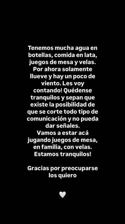 Jimena contó que tiene stock de agua potable y comida enlatada para atravesar la tormenta