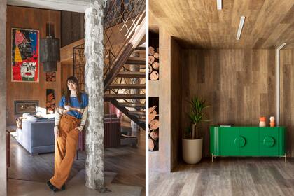 Jimena Frontera, creadora de @jimefrontera, la cuenta desde donde habla de temas relacionados con el amor propio y la maternidad. Sobre el mueble verde (Laly Lezcano), objetos decorativos (Familia:DDD).