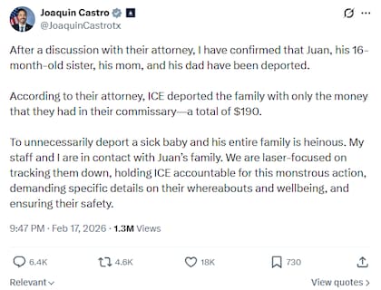 Joaquín Castro confirmó que la familia del bebé de dos meses fue deportada horas después de la comparecencia de la madre ante un juez de inmigración