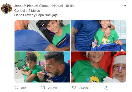 Joaquín Nahuel compartió su alegría por haber conocido a Carlos Tévez y a Papá Noel