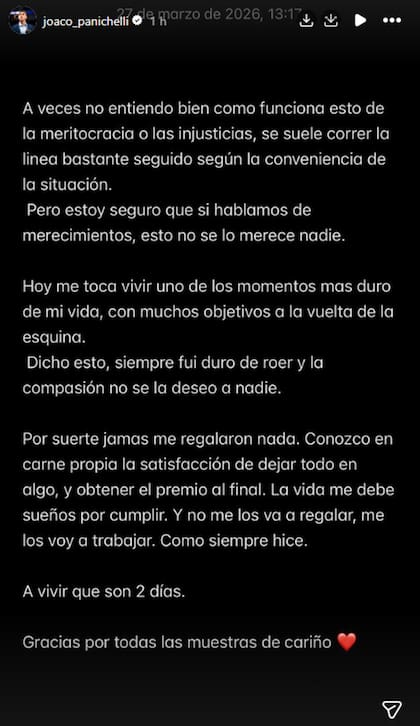 Joaquín Panichelli conmovió a muchos con su desgarrador mensaje en redes
