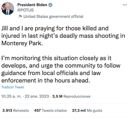 Joe Biden se suma a las condolencias por la masacre en California