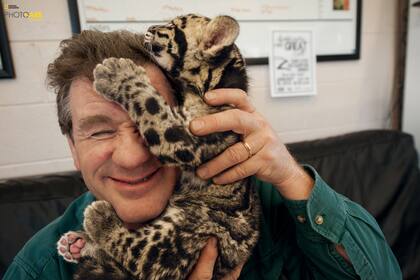 Joel Sartore con un leopardo nublado en el zoológico de Columbus en Ohio. Los leopardos, que viven en los bosques tropicales asiáticos, son cazados ilegalmente por sus pieles.