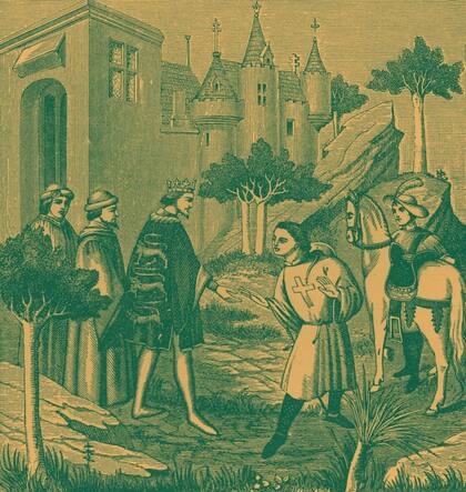 John de Mandeville despidiéndose de Eduardo III, antes de su partida hacia 'más allá de los mares'. De miniatura en 'Merveilles du Monde' del siglo XV