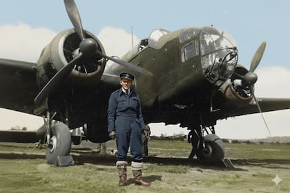 John Gifford Stower piloto del Escuadron Canadiense 420 adscripto a la RAF posa delante de su bombardero Handley Page Hampden con el cual realizó sus primeras incursiones sobre territorio europeo ocupado por la Alemania Nazi. (Archivo Claudio Meunier).