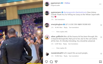 Johnson Wen, conocido como Pyjama Man, publicó en Instagram una imagen del incidente con Ariana Grande (Instagram: @pyjamamann)