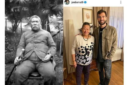 Jordi Amat Maas junto a su abuela, la primera en su familia que se radicó en Cataluña. Al lado, el bisabuelo del futbolista, M.D: Kansil, quien fuera rey de Siau