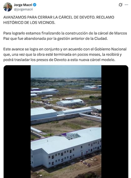 Jorge Macri sostuvo que la finalización de la obra en Marcos Paz permitirá cumplir con el reclamo histórico de los vecinos para cerrar la cárcel de Devoto (X, @jorgemacri)