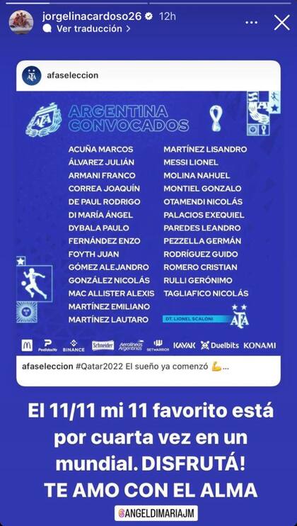 Jorgelina Cardoso le dedicó un sentido mensaje a Ángel Di Maria tras la conformación de la lista de Lionel Scaloni (Foto: Instagram @jorgelinacardoso26)
