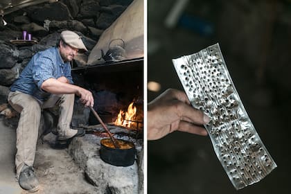 José Correa cocina en la chimenea y tienen un rallador muy particular.