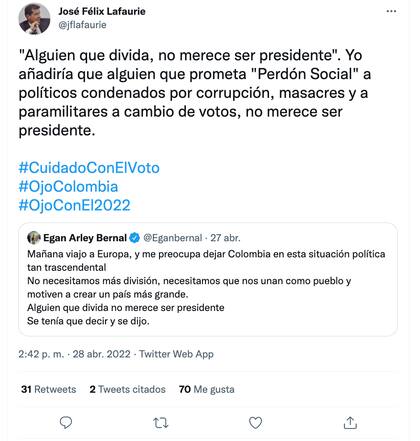 José Félix Lafauire, entre los que comentaron el twit de Egan