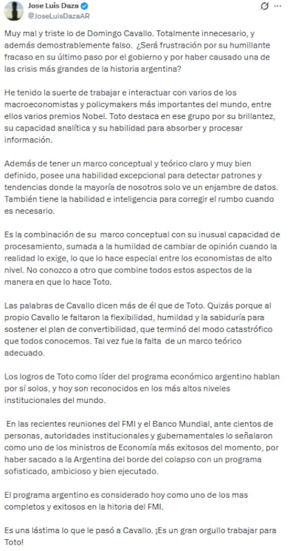 José Luis Daza salió al cruce de Cavallo tras sus críticas a Luis Caputo