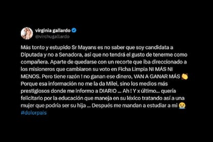 El posteo de Virginia Gallardo en respuesta a los dichos de José Mayans