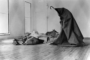 Joseph Beuys durante la performance I Like America and America Likes Me en la René Block Gallery, 1974