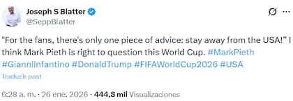 Joseph Blatter, exdirector de la FIFA, respalda boicot contra EE.UU. en el Mundial 2026 (X @SeppBlatter)