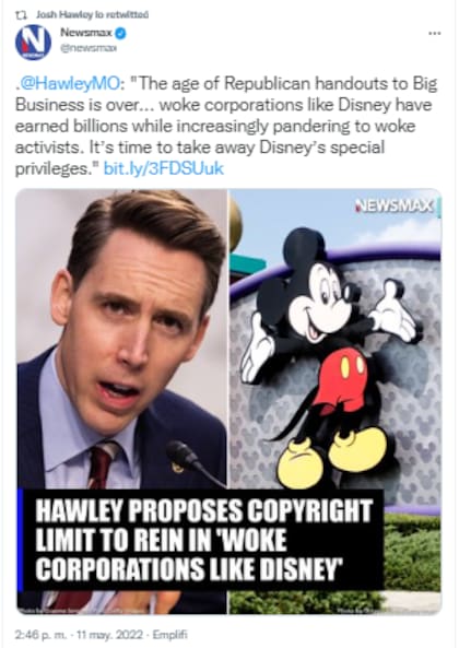 Josh Hawley apuntó directamente contra Disney (Crédito: Twitter/@newsmax)