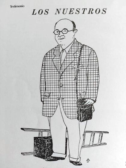 Juan Di Sandro en una caricatura (con saco a cuadros y escalera) de su compañero en La Nación, Alberto Sanguinetti. Publicado en el boletín del personal del diario Entre Nosotros, en 1955.