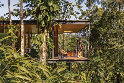 Juan Diego Erhart del Campo, propietario de Fazenda Ressaca, y Belén Cabrera, a cargo de la hospitalidad, disfrutando de la vista de la cabaña "Jaguaritica", el último agregado al proyecto.