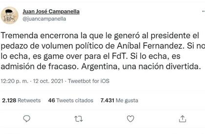 Juan José Campanella expresó en un tuit que el mensaje intimidatorio de Aníbal Fernández contra Nik le generó al presidente una "tremenda encerrona"