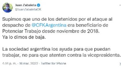 Juan Zabaleta comunicó que dio de baja del Potenciar Trabajo a uno de los detenidos por los ataques en el Congreso